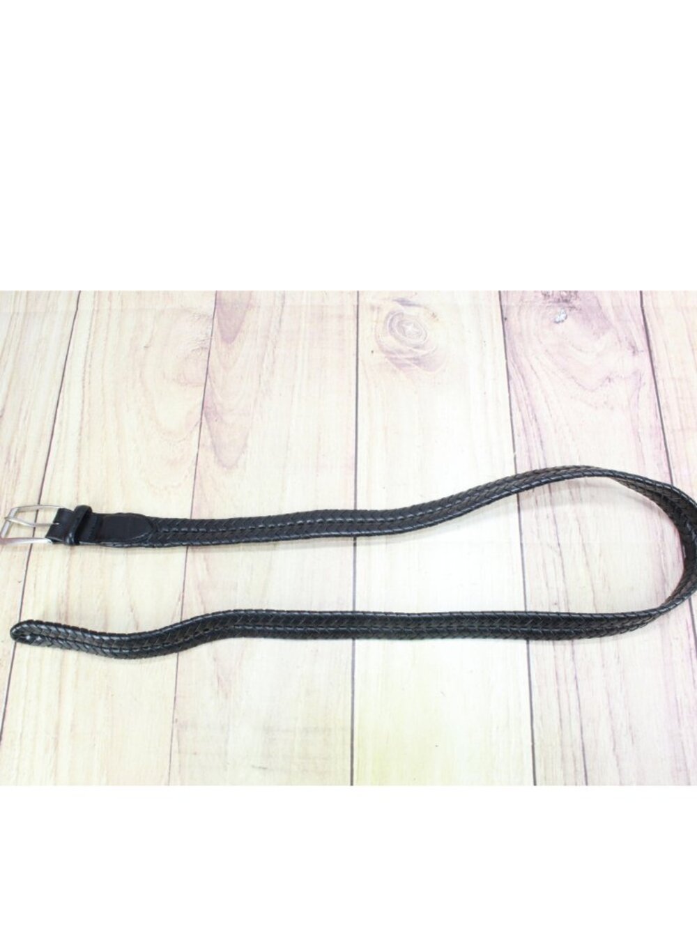 Lands End Mens Black Braided Genuine Leather Belt Brass Buckle Size 38